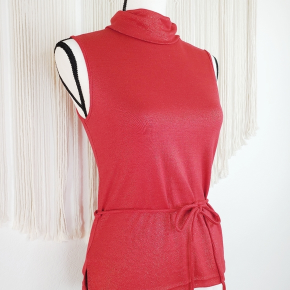💖 Sparkle Red Small/Medium Gold Knit Turtleneck Glimmer Tie Back Top, Layering - Picture 6 of 15